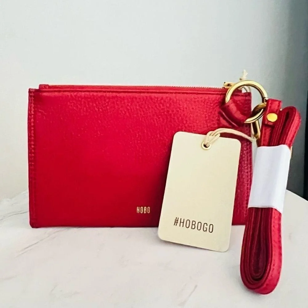HOBO GO Tour Leather‎ Zip Pouch Bag, Wristlet, with Lanyard, Red/Gold, NWT